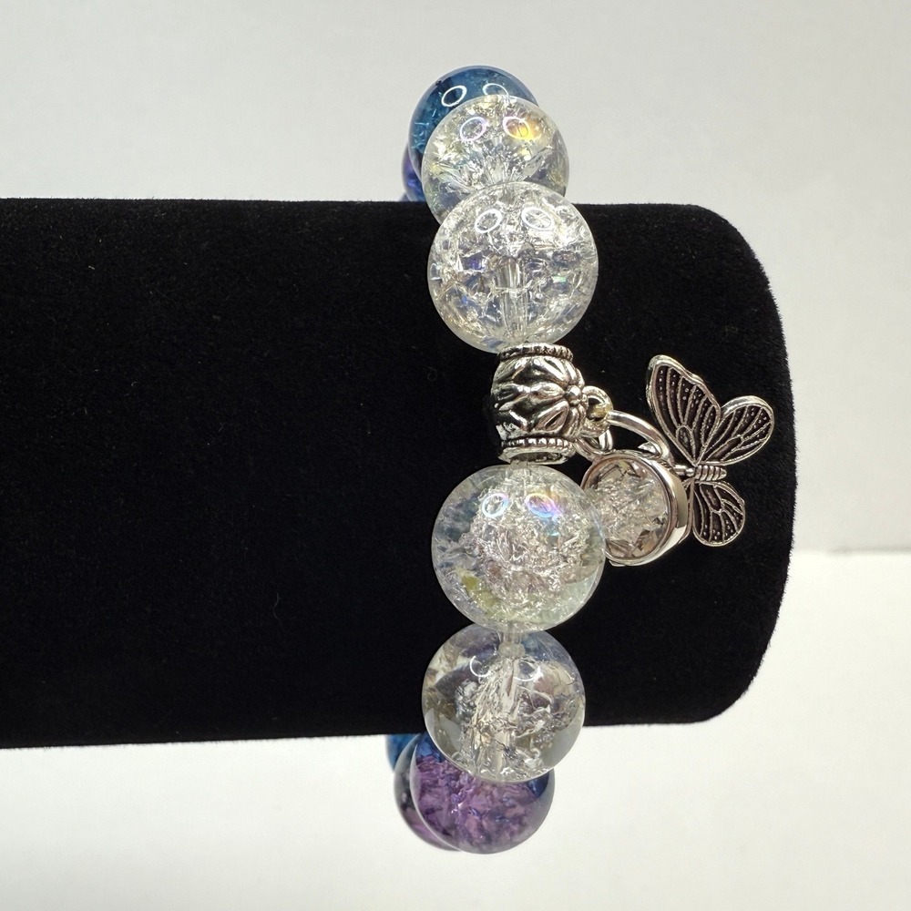 Crackled Glass Bead Charm Bracelet Butterfly Rhinestone Blue Purple Stretch Band